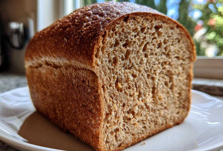 A close-up of a freshly baked loaf of whole wheat bread, showing its dark crust and open crumb structure.
