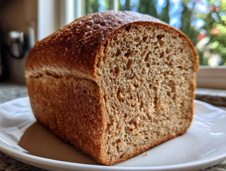 A close-up of a freshly baked loaf of whole wheat bread, showing its dark crust and open crumb structure.