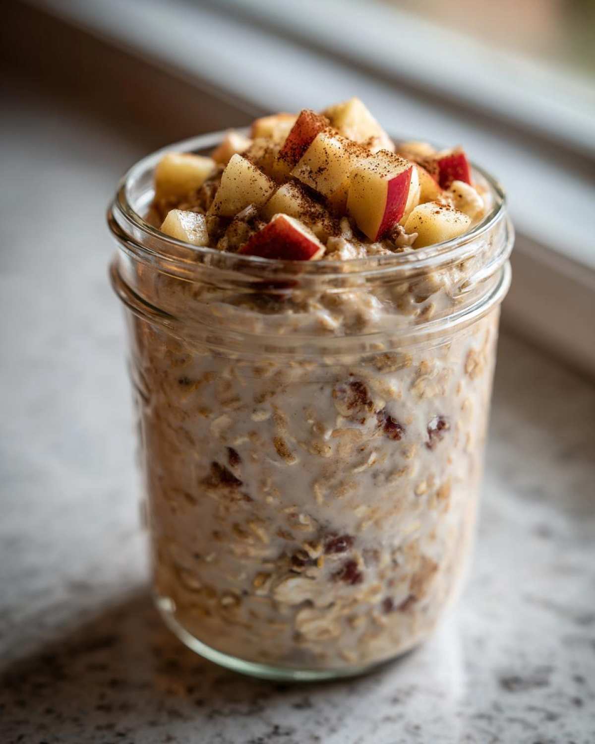 Close-up of apple cinnamon overnight oats in a glass jar, topped with diced red apples and a sprinkle of cinnamon.