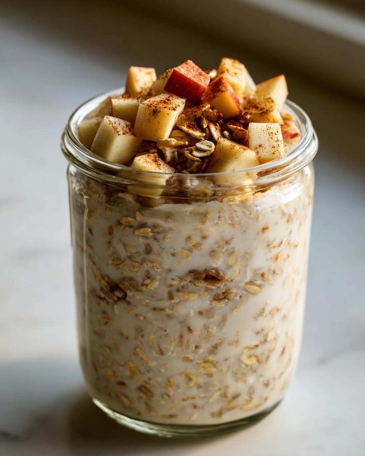 Close-up of apple cinnamon overnight oats in a glass jar, topped with diced apples and cinnamon spice.