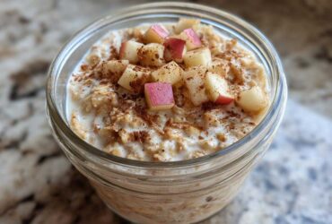 A glass jar filled with creamy apple cinnamon overnight oats, topped with diced red apples and sprinkled cinnamon.