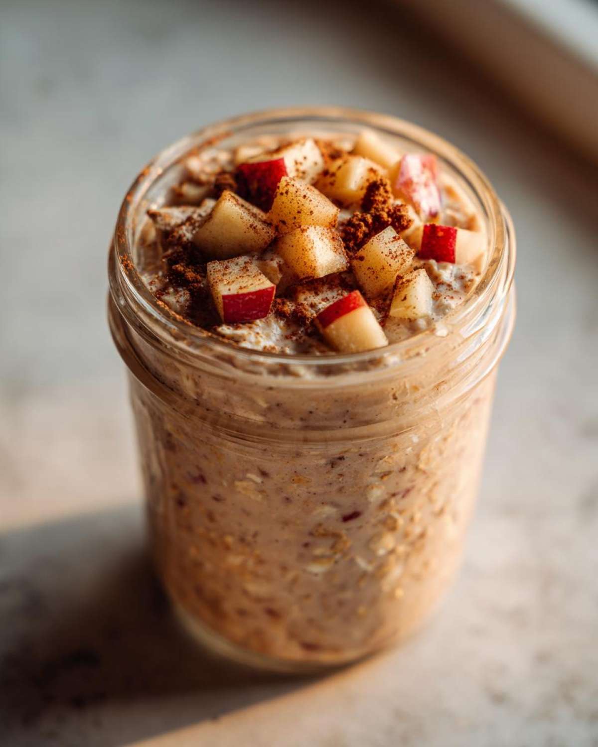 Close-up of apple cinnamon overnight oats in a glass jar, topped with diced red apples and cinnamon powder.