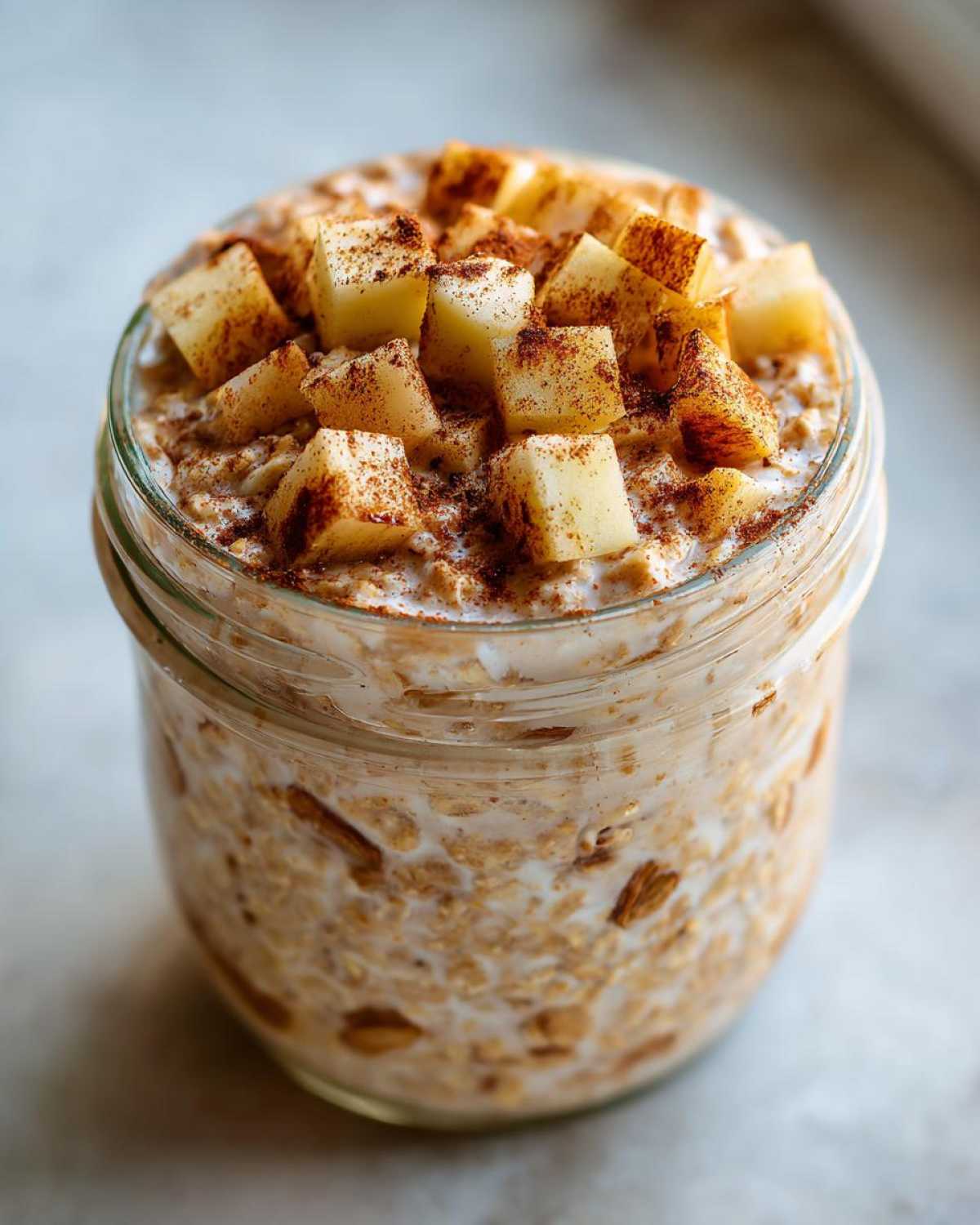 Close-up of apple cinnamon overnight oats in a glass jar, topped with diced apples and cinnamon spice.