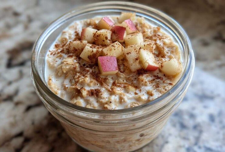 A glass jar filled with creamy apple cinnamon overnight oats, topped with diced red apples and sprinkled cinnamon.
