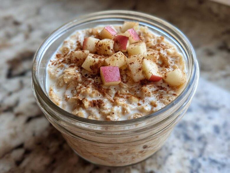 A glass jar filled with creamy apple cinnamon overnight oats, topped with diced red apples and sprinkled cinnamon.