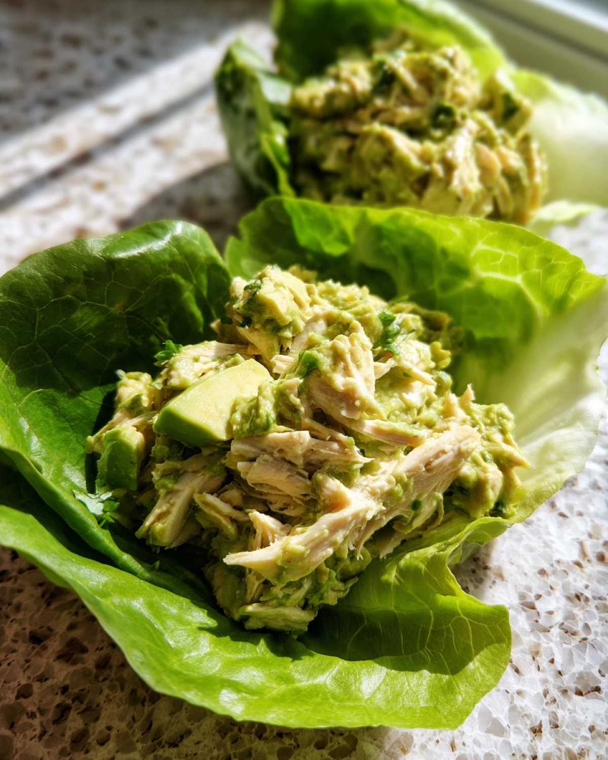 Close-up of creamy avocado chicken salad served in bright green lettuce cups on a speckled countertop.