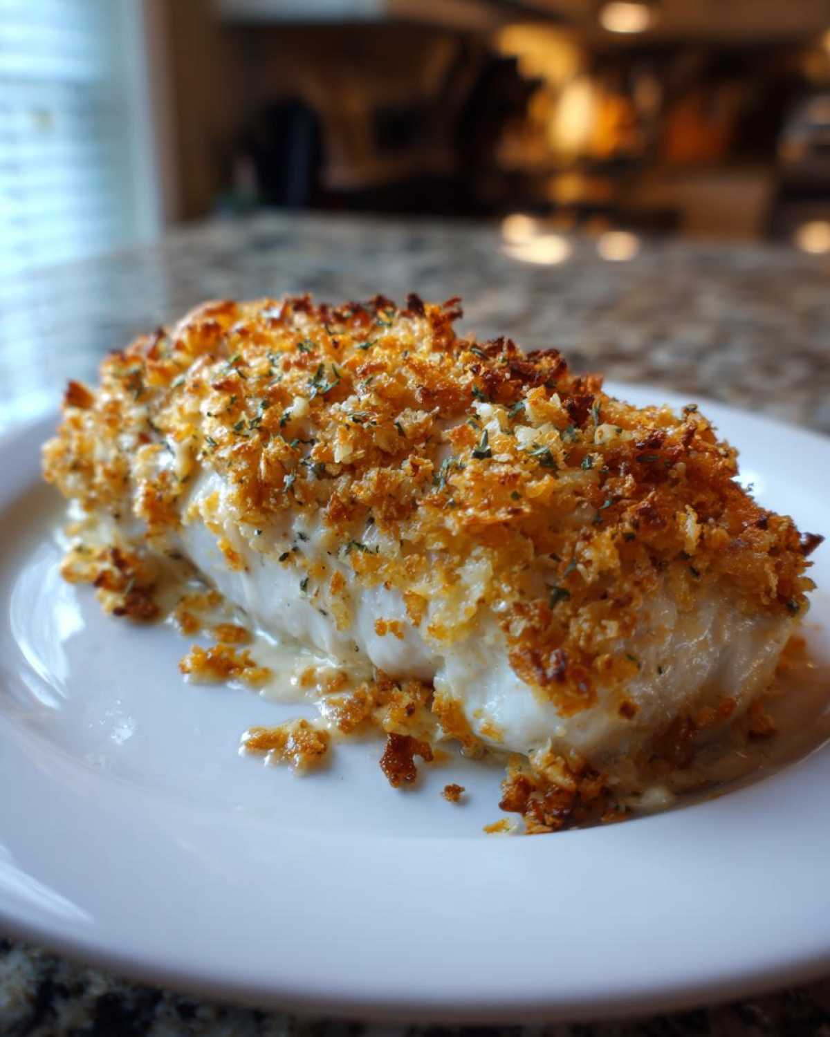 Close-up of a baked white fish fillet topped with golden, crispy breadcrumbs, likely part of a caesar chicken recipe variation.