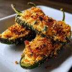 Close-up of three baked jalapeño poppers stuffed with creamy filling and covered in golden, crispy breadcrumbs.
