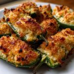 Close-up of several golden-brown baked jalapeño poppers stuffed with creamy filling and topped with crispy breadcrumbs.