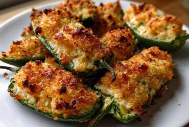 Close-up of several golden-brown baked jalapeño poppers stuffed with creamy filling and topped with crispy breadcrumbs.