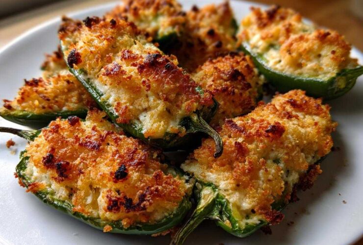 Close-up of several golden-brown baked jalapeño poppers stuffed with creamy filling and topped with crispy breadcrumbs.