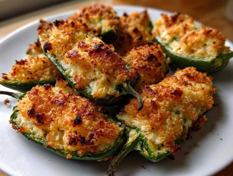 Close-up of several golden-brown baked jalapeño poppers stuffed with creamy filling and topped with crispy breadcrumbs.
