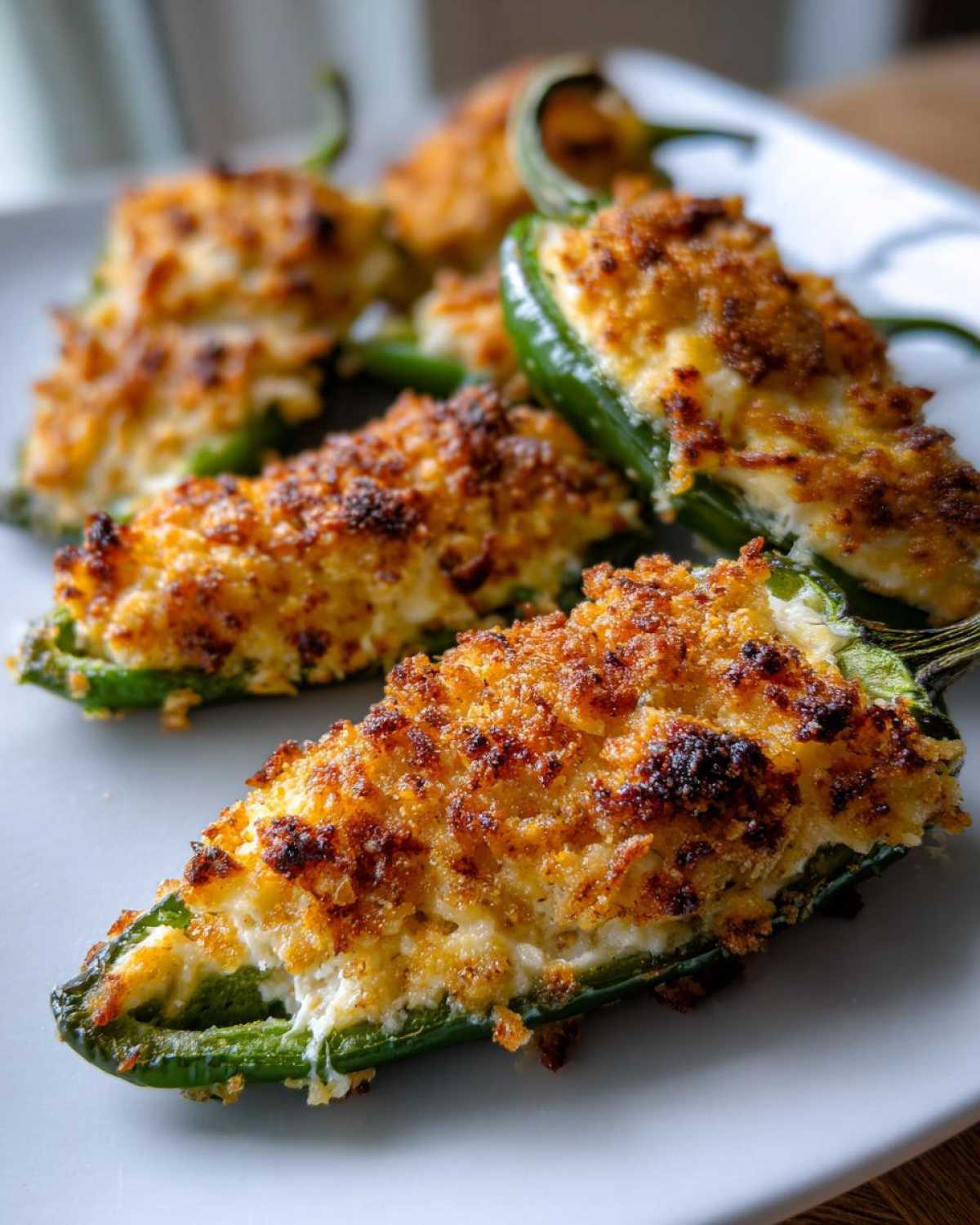 Close-up of several baked jalapeño poppers stuffed with creamy filling and topped with a golden, crispy crust.