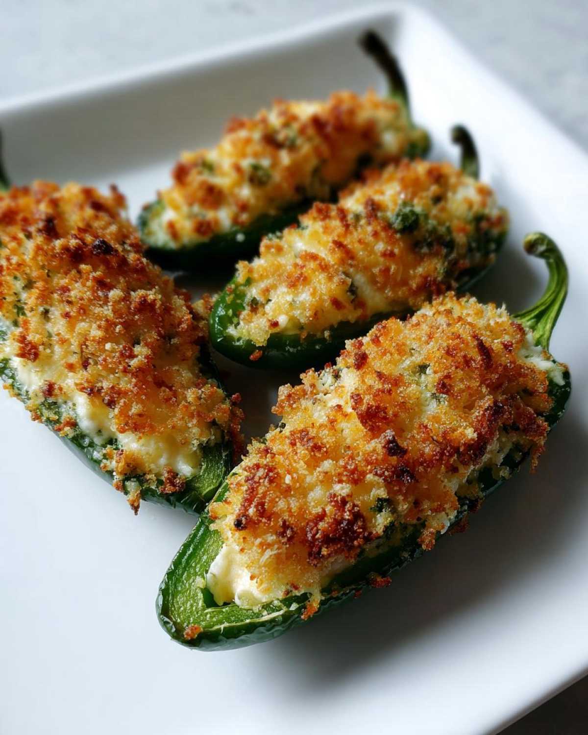 Four golden-brown baked jalapeño poppers filled with cream cheese and topped with crispy breadcrumbs.