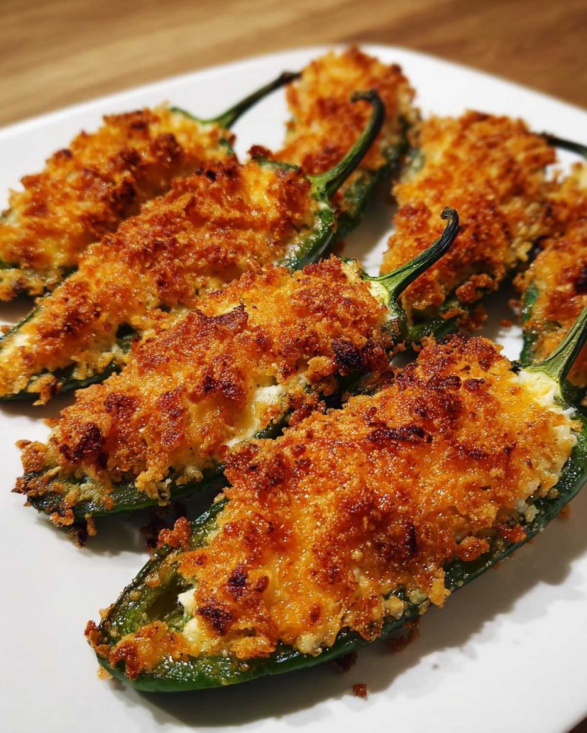 Close-up of several baked jalapeño poppers with a crispy, golden-brown topping served on a white plate.