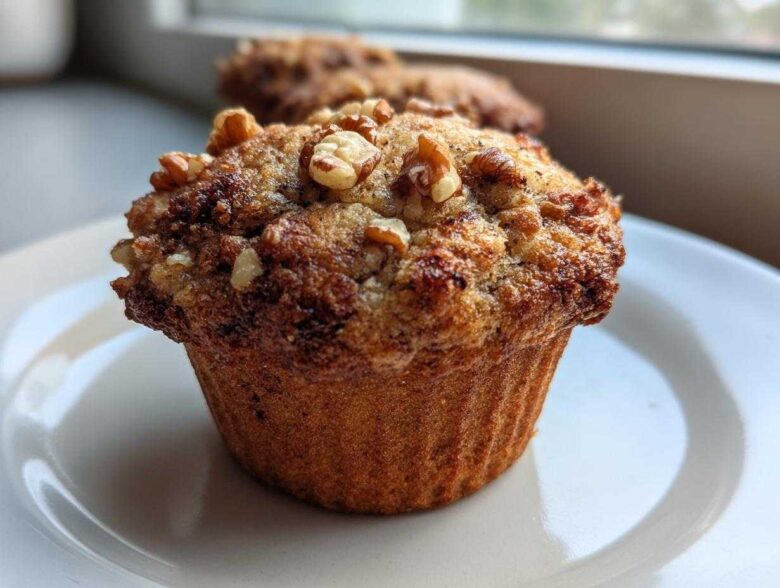 Close-up of a perfectly baked banana nut muffin topped with crunchy walnuts, sitting on a white plate.