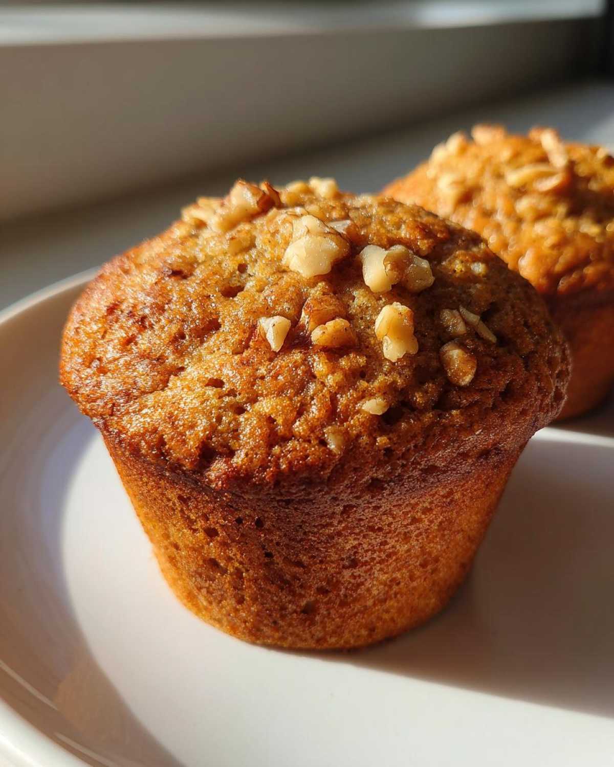 Close-up of a freshly baked banana nut muffin with a golden-brown top sprinkled with chopped walnuts.