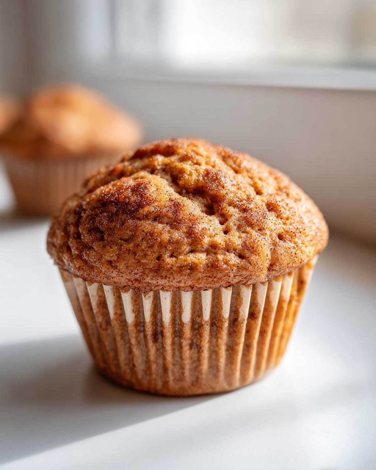 A single, golden-brown banana protein muffin with a cinnamon-sugar top, sitting in a white liner near a window.