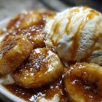 Close-up of caramelized bananas covered in sauce served with vanilla ice cream, a perfect serving of bananas foster.