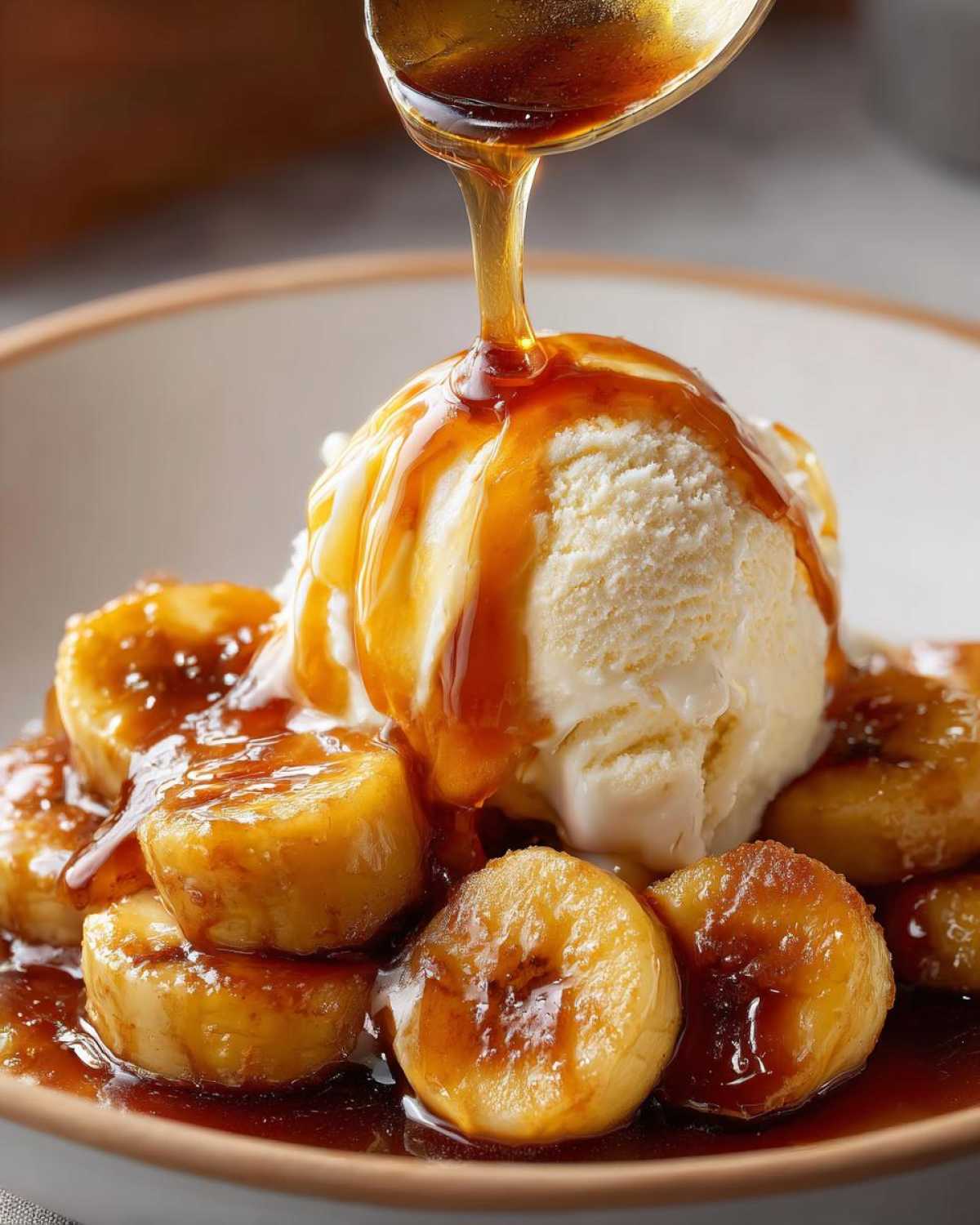 Close-up of caramelized bananas foster topped with vanilla ice cream, with warm caramel sauce being drizzled from a spoon.