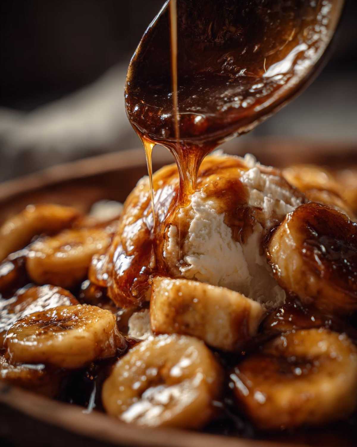 Close-up of rich caramel sauce being drizzled from a spoon onto caramelized bananas and vanilla ice cream, creating delicious Bananas Foster.