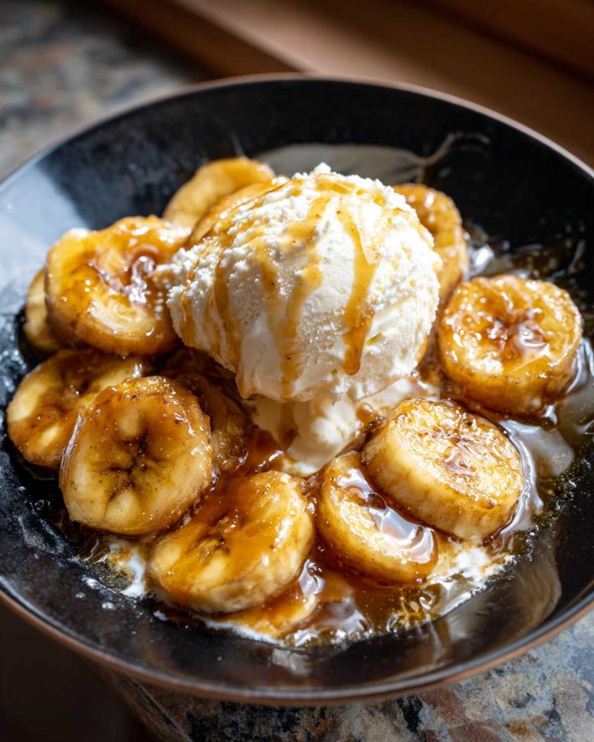 Close-up of warm, caramelized bananas foster slices topped with a scoop of vanilla ice cream.