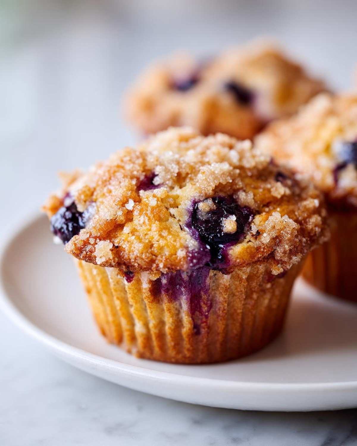 Close-up of a perfectly baked blueberry muffin topped with crunchy sugar crystals, showcasing its fluffy texture.