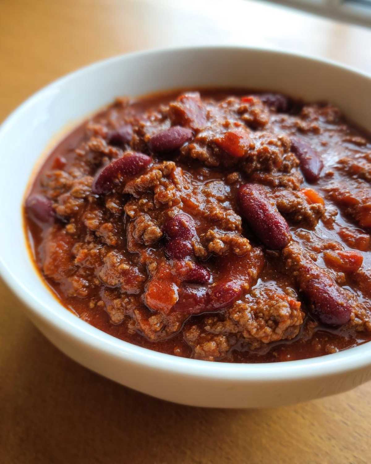 Close-up of a white bowl filled with rich, thick chili featuring ground meat and kidney beans, showcasing the best chili recipe.