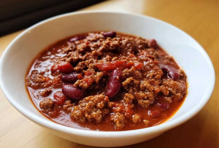 Close-up of a rich, thick bowl of chili featuring ground beef and kidney beans, showcasing the best chili recipe.