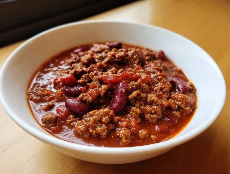Close-up of a rich, thick bowl of chili featuring ground beef and kidney beans, showcasing the best chili recipe.