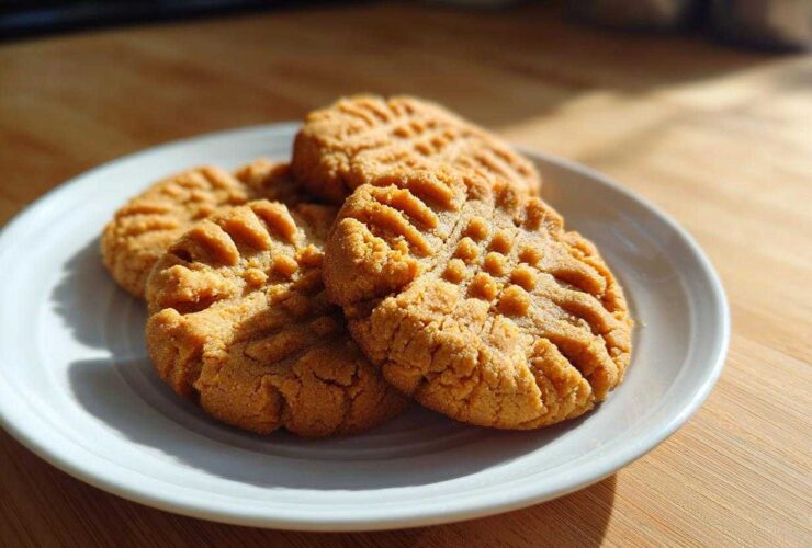 A stack of freshly baked peanut butter cookies with classic criss-cross fork marks resting on a white plate.