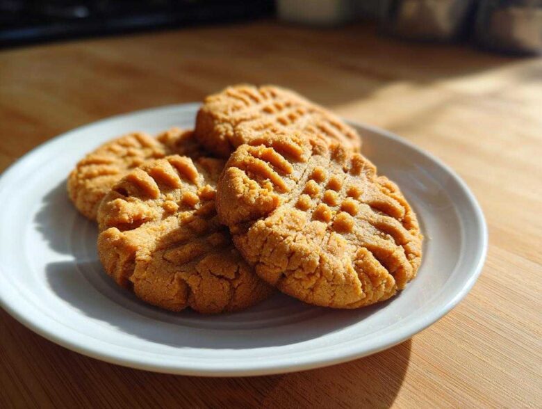 A stack of freshly baked peanut butter cookies with classic criss-cross fork marks resting on a white plate.