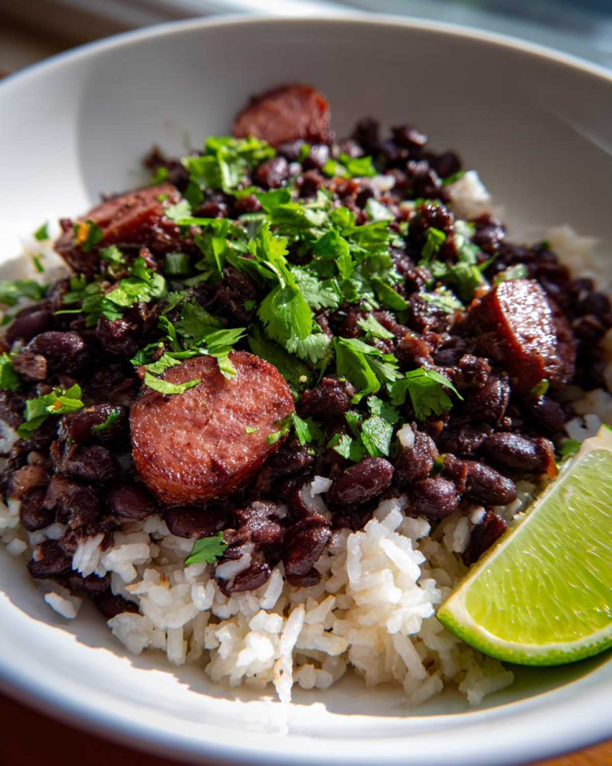 Close-up of a bowl of black beans and rice topped with sliced sausage and fresh cilantro, served with a lime wedge.