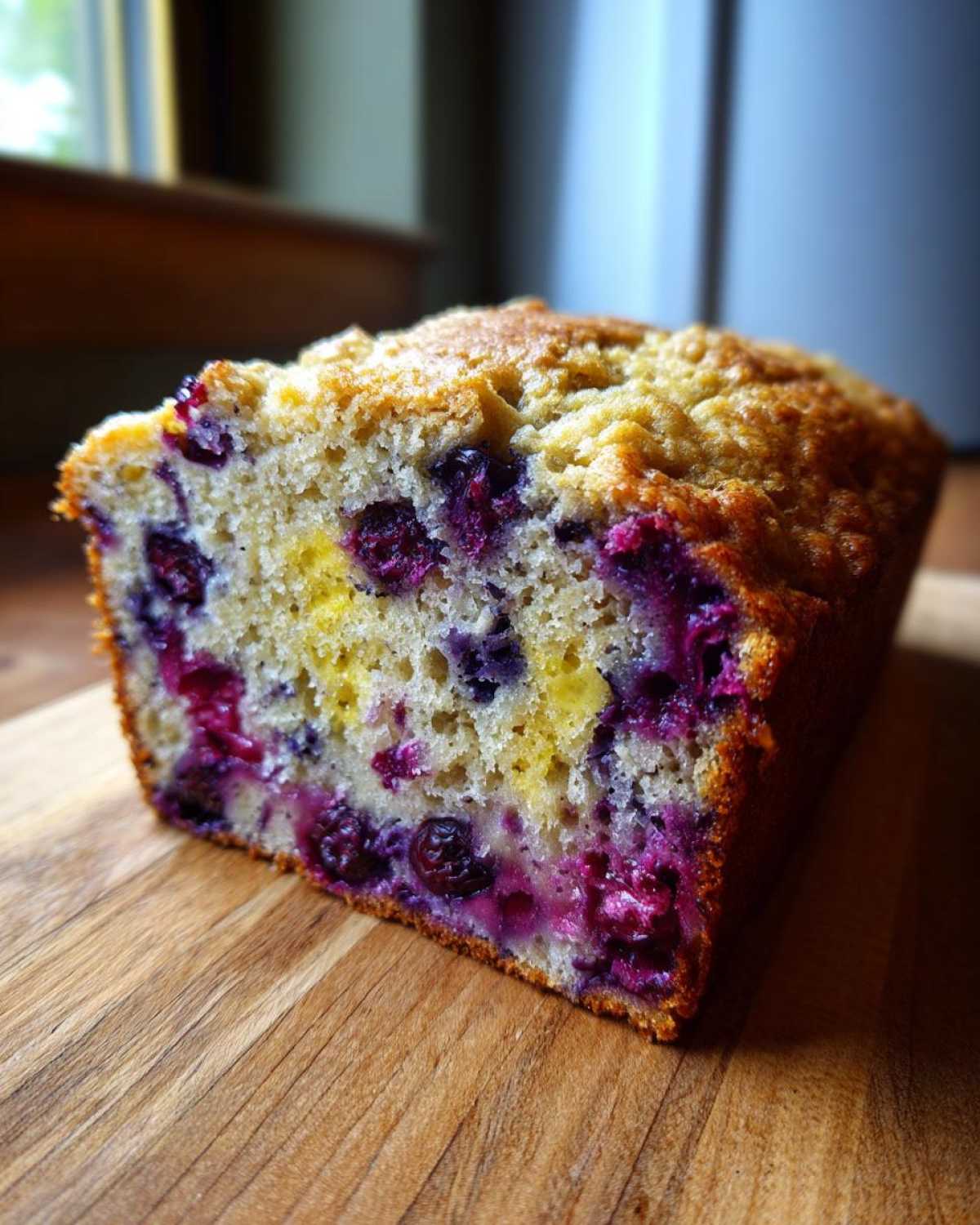 Close-up of a slice of moist blueberry banana bread showing vibrant purple blueberries baked into the crumb.