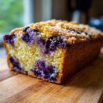 Close-up of a loaf of blueberry banana bread, showing the moist yellow crumb and baked blueberries.
