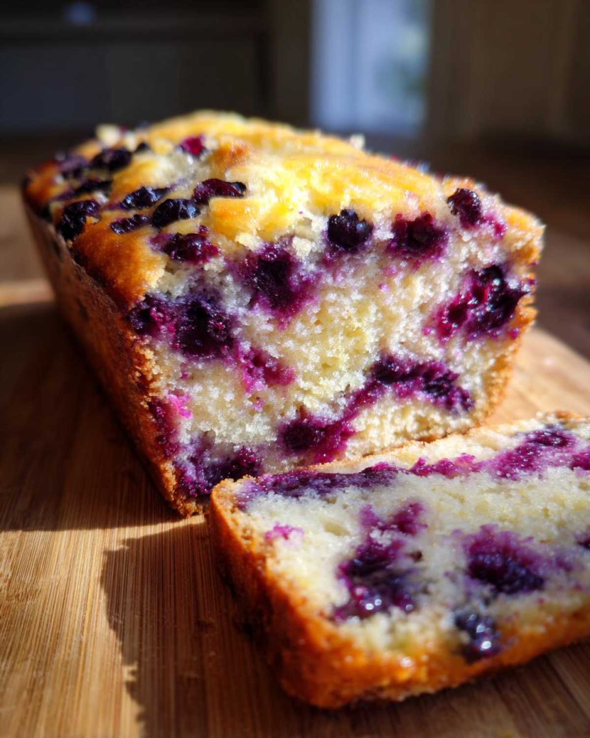 A moist loaf of blueberry banana bread, sliced to show the vibrant purple blueberries baked throughout the golden crumb.