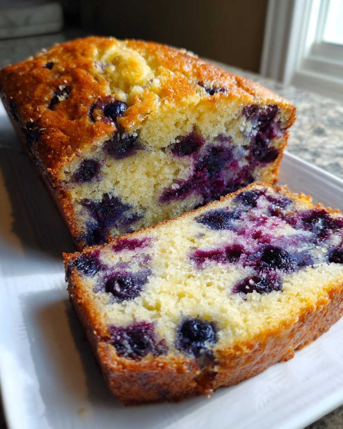 Close-up of a moist blueberry banana bread loaf with one slice cut, showing rich purple blueberries throughout the crumb.