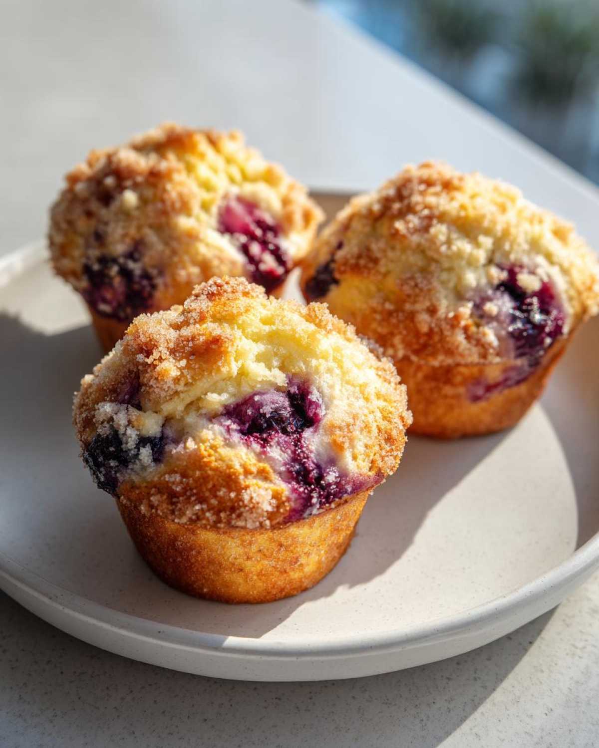 Three golden brown blueberry muffins with a sugary crumb topping sitting on a light plate.