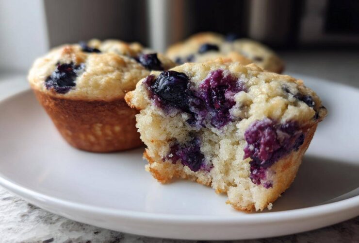 A close-up of a blueberry protein muffin with a bite taken out, revealing the moist interior and purple berries.