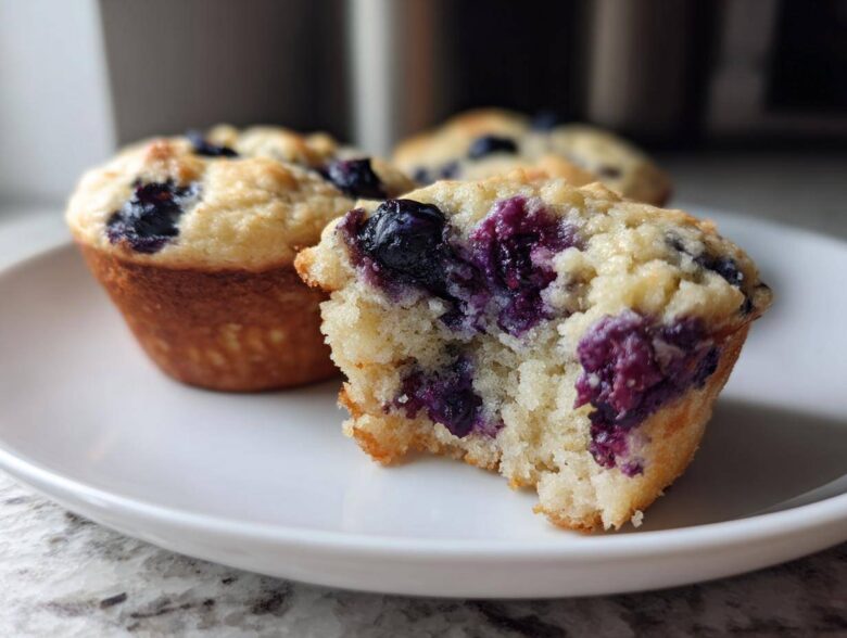 A close-up of a blueberry protein muffin with a bite taken out, revealing the moist interior and purple berries.