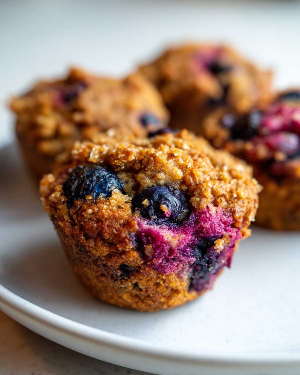 A close-up shot of a freshly baked blueberry protein muffin with a crumbly top, sitting on a white plate with others blurred in the background.