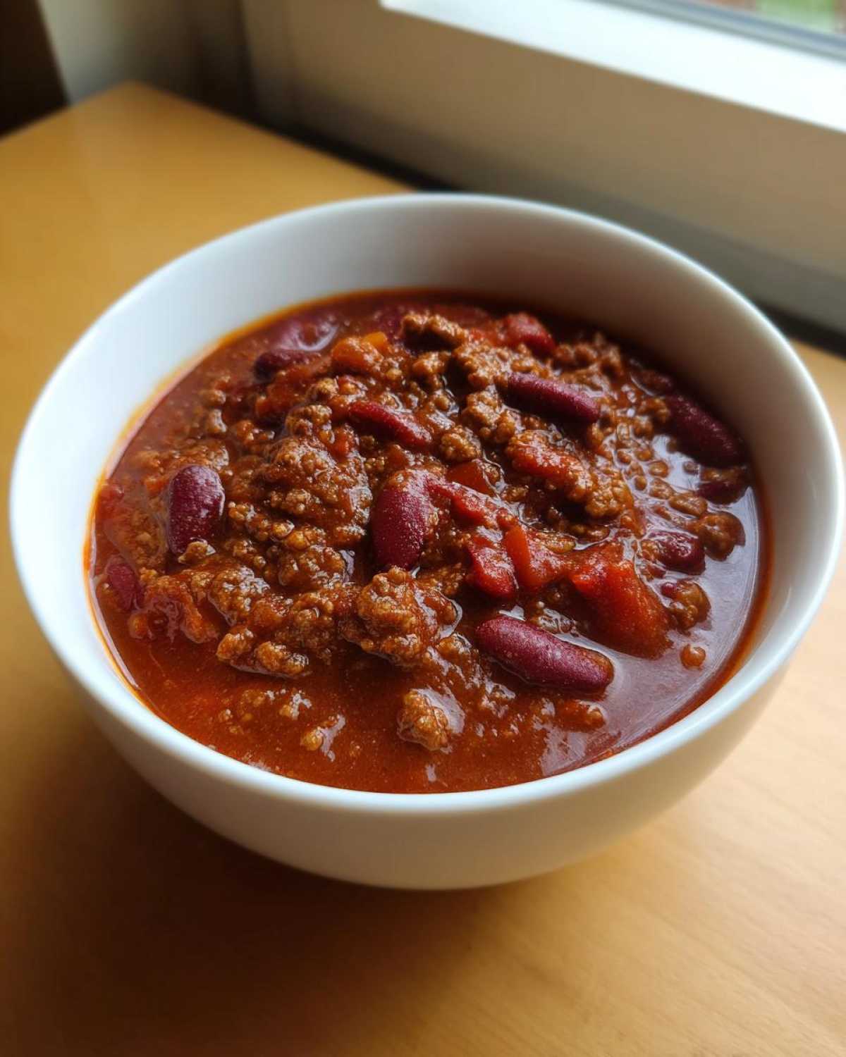 Close-up of a rich, red bowl of chili featuring ground meat and kidney beans, perfect for the best chili recipe.
