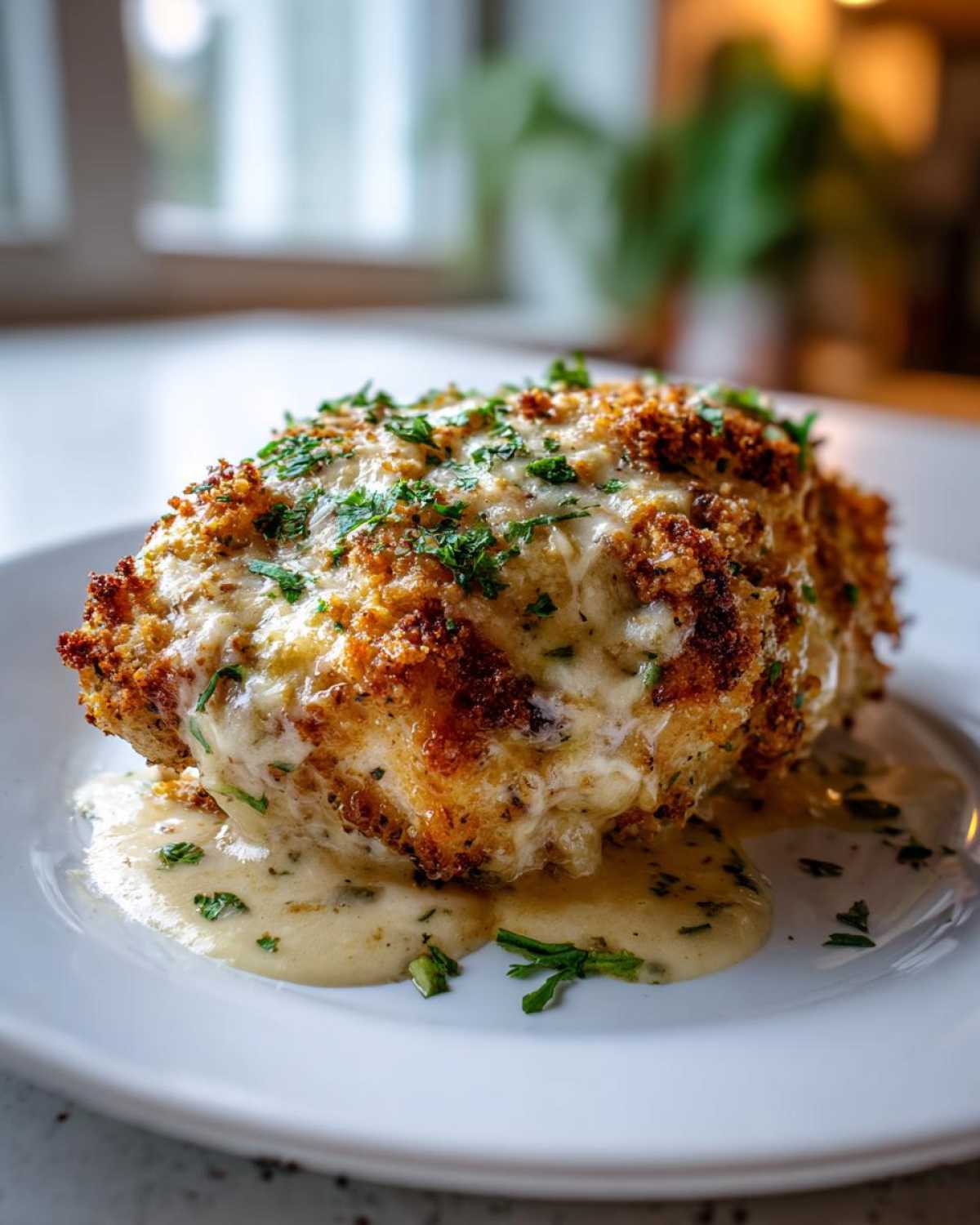 A close-up of a breaded and baked caesar chicken breast topped with melted cheese and fresh parsley, sitting in a pool of creamy sauce.