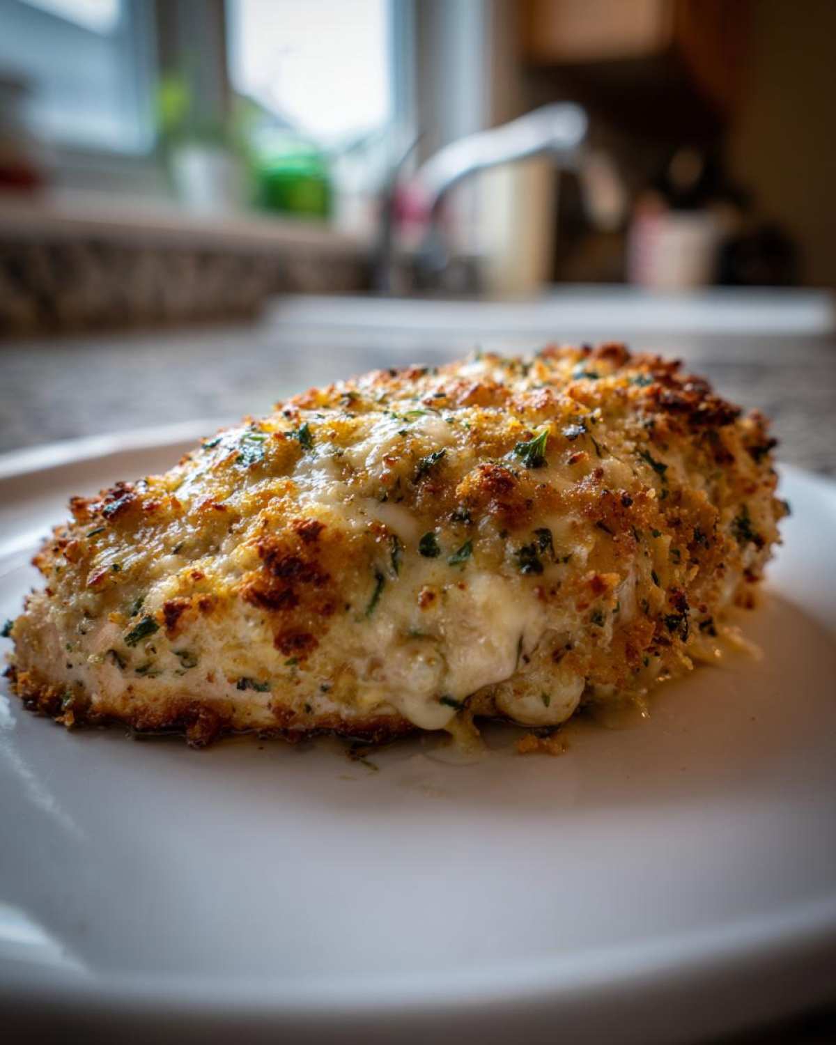 Close-up of a baked caesar chicken breast with a golden, herbed crust and melted cheese oozing out.