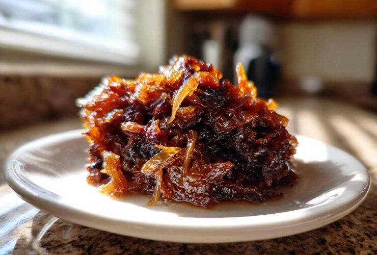 A close-up, sunlit mound of deeply browned caramelized onions served on a small white plate.
