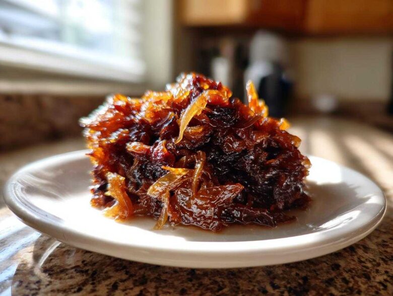 A close-up, sunlit mound of deeply browned caramelized onions served on a small white plate.