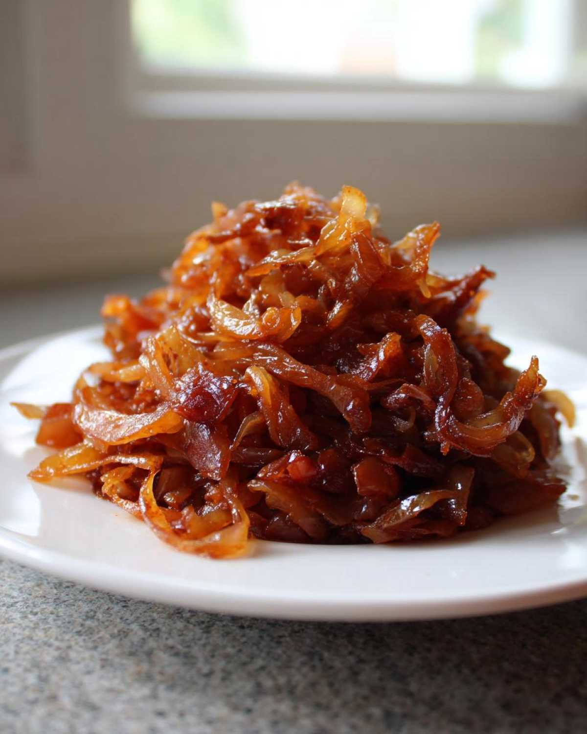 A mound of rich, deep brown caramelized onions piled high on a small white plate.