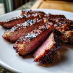 Close-up of medium-rare sliced steak showing a beautiful crust, achieved with the carne asada marinade.
