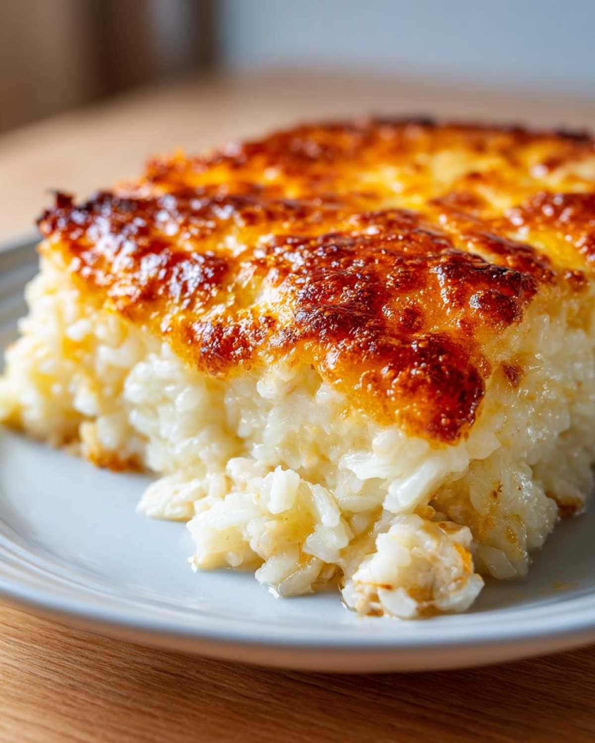 A close-up of a serving of cheesy chicken and rice casserole with a golden-brown, bubbly cheese topping.