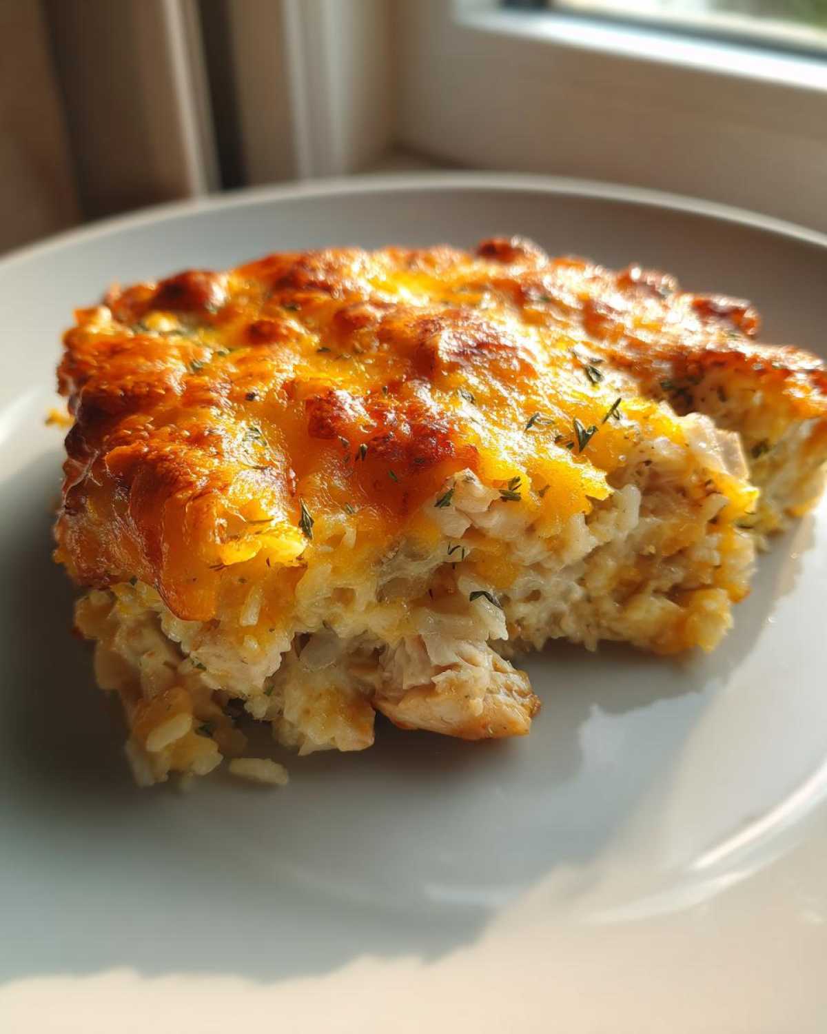 A close-up serving of baked cheesy chicken and rice casserole with a golden, bubbly cheese topping.